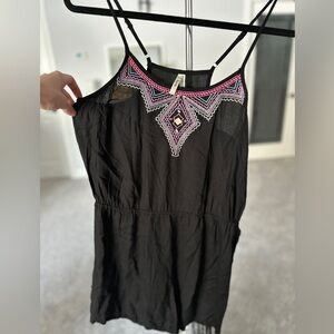 Truth Black Jumpsuit with Pink and Blue Embroidery Light Weight Summer Romper
